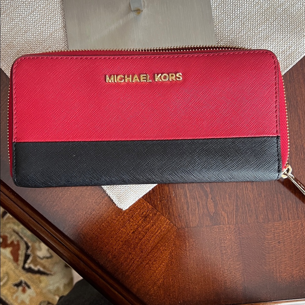 Michael Kors Red and Black Zip Around Wallet